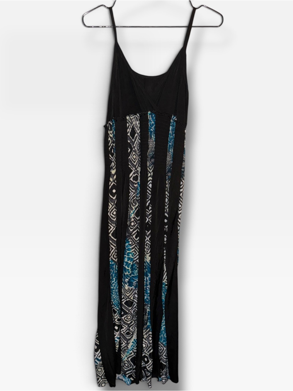 Black Strappy V Neck Maxi Dress with Blue & White Pattern